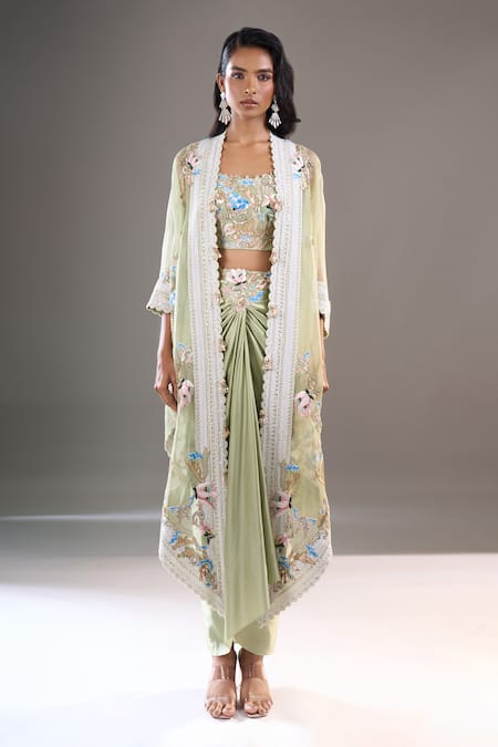 Buy_Anamika Khanna_Green Embroidery Open , Square Cape And Draped Skirt Set _Online_at_Aza_Fashions
