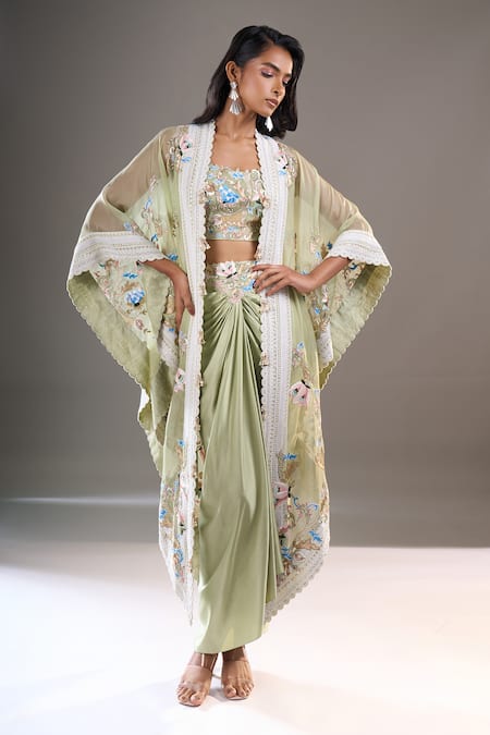 Shop_Anamika Khanna_Green Embroidery Open , Square Cape And Draped Skirt Set _Online_at_Aza_Fashions