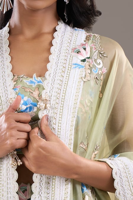 Buy_Anamika Khanna_Green Embroidery Open , Square Cape And Draped Skirt Set 