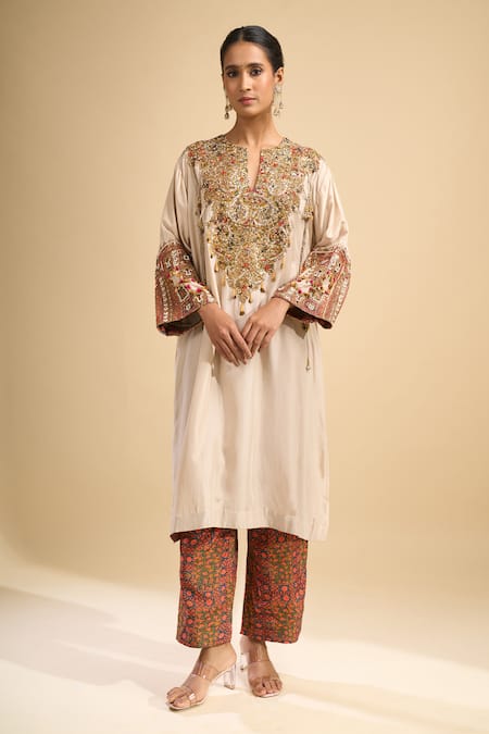 Shop_Debyani + CO_Beige Embroidery, Beads, Stones Split V-neck Meena Kurta With Pant _Online_at_Aza_Fashions