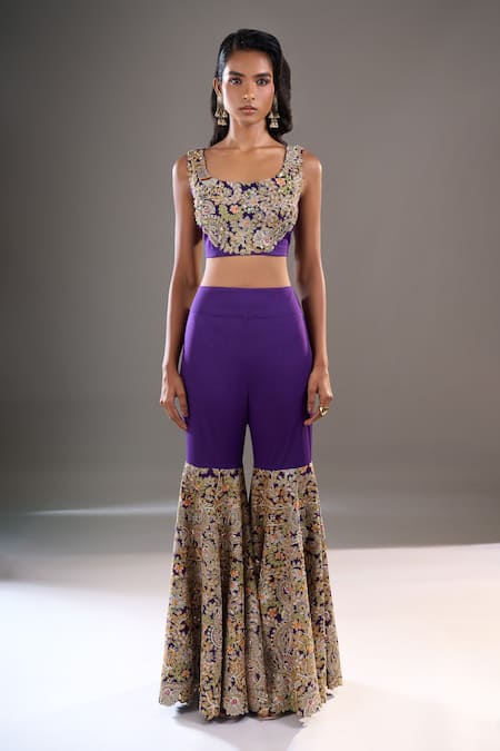 Buy_Anamika Khanna_Mustard Embroidery, Sequins, Stones Open Neck, Scoop Cape And Draped Sharara Set 
