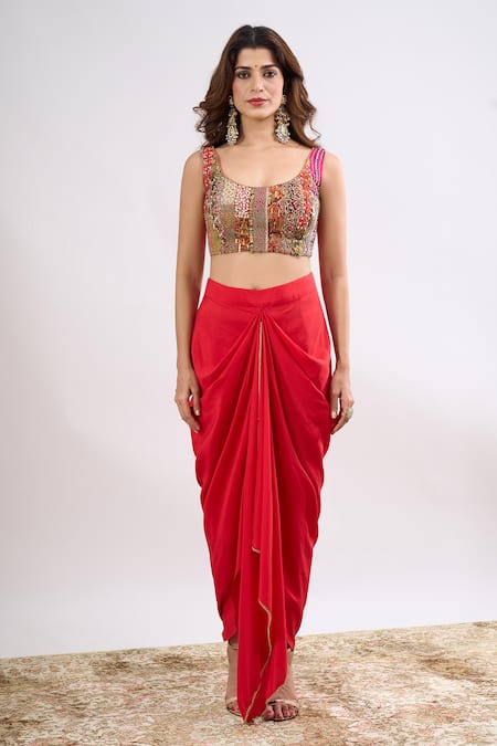 Debyani + CO_Multi Color Sequins, Embroidery, Beads, Gota Patti Open Neck, Jacket Skirt Set _at_Aza_Fashions