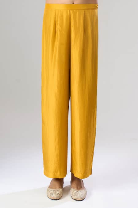 Debyani + CO_Yellow Georgette Embroidery, Zari Round Neck Kurta And Pant Set _at_Aza_Fashions