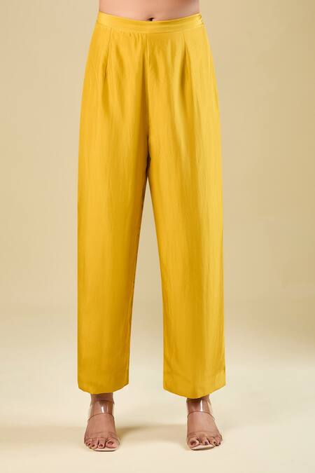 Debyani + CO_Yellow Silk Embroidery, Mirrors, Sequins, Tassels Split V-neck Kurta With Pant _Online_at_Aza_Fashions