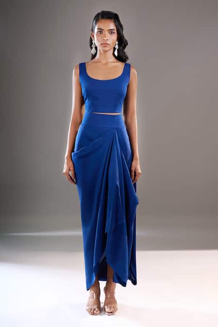 Anamika Khanna_Blue Mandarin Collar, Round Neck Tonal Embroidered Cape Draped Skirt Set _Online_at_Aza_Fashions