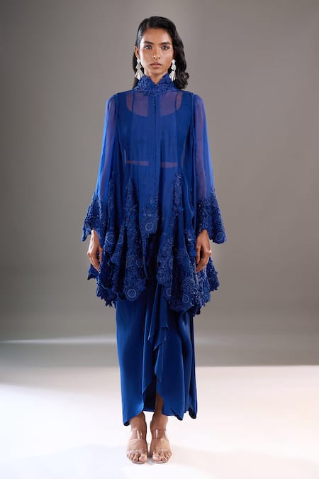 Shop_Anamika Khanna_Blue Mandarin Collar, Round Neck Tonal Embroidered Cape Draped Skirt Set _Online_at_Aza_Fashions