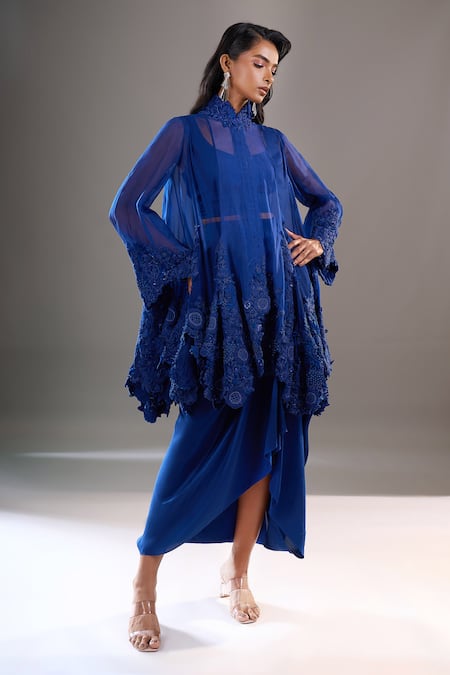 Anamika Khanna_Blue Mandarin Collar, Round Neck Tonal Embroidered Cape Draped Skirt Set _at_Aza_Fashions