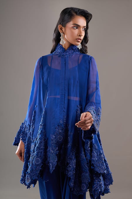 Buy_Anamika Khanna_Blue Mandarin Collar, Round Neck Tonal Embroidered Cape Draped Skirt Set 