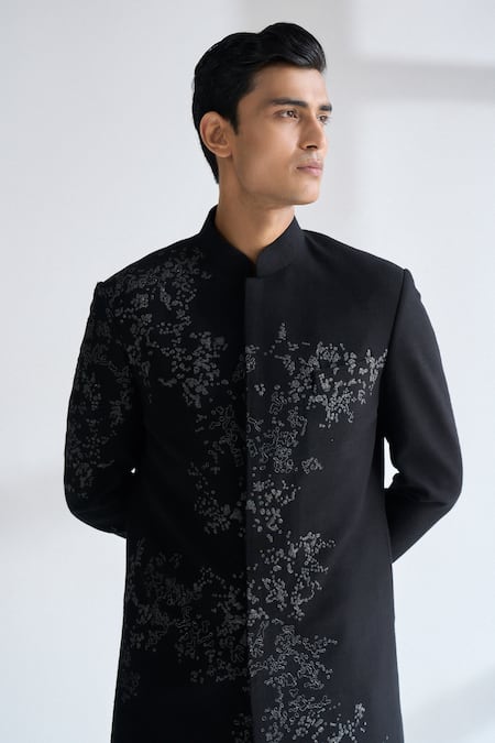 Dhruv Vaish Black Silk Embroidery Sherwani Set Online at Aza Fashions Dhruv Vaish_Black Silk Embroidery Sherwani Set _Online_at_Aza_Fashions