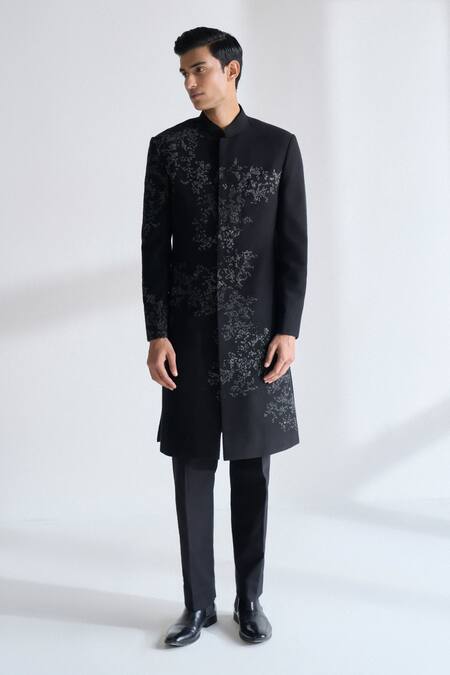 Shop Dhruv Vaish Black Silk Embroidery Sherwani Set Online at Aza Fashions Shop_Dhruv Vaish_Black Silk Embroidery Sherwani Set _Online_at_Aza_Fashions
