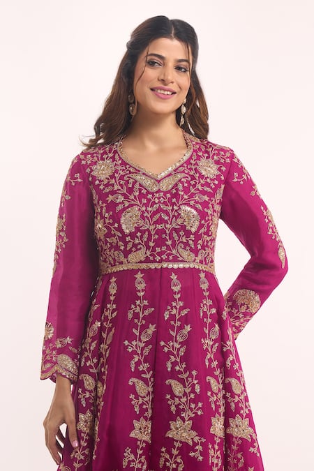 Shop_Surbhi Shah_Magenta Embroidery, Zari Split V-neck Tijara Bagh Anarkali With Pant _Online_at_Aza_Fashions