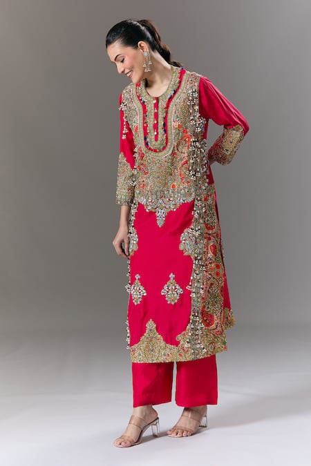 Buy_Debyani + CO_Red Embroidery, Beads, Sequins Round Neck Kurta And Pant Set _Online_at_Aza_Fashions
