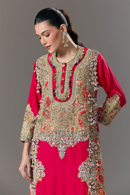 Shop_Debyani + CO_Red Embroidery, Beads, Sequins Round Neck Kurta And Pant Set _Online_at_Aza_Fashions