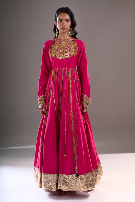 Debyani + CO_Pink Embroidery, Sequins, Mirrors Round Neck Yoke Anarkali With Dupatta _at_Aza_Fashions