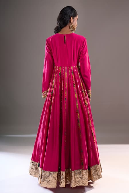 Shop_Debyani + CO_Pink Embroidery, Sequins, Mirrors Round Neck Yoke Anarkali With Dupatta 