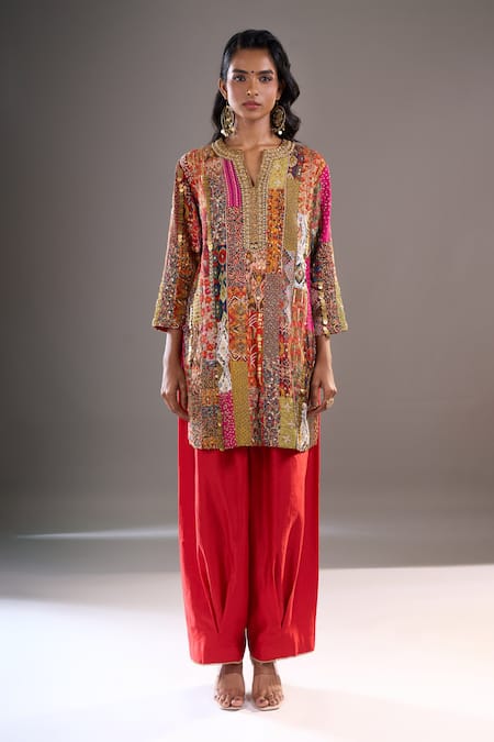 Buy_Debyani + CO_Multi Color Sequins, Embroidery, Gota Patti Split V-neck Kurta With Salwar _Online_at_Aza_Fashions