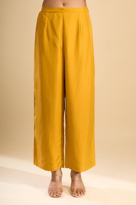 Debyani + CO_Yellow Silk Embroidery, Sequins, Beads Split V-neck Kurta With Pant _at_Aza_Fashions