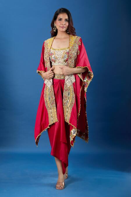 Shop_Debyani + CO_Red Embroidery, Zari, Sequins Open , Square Jacket Skirt Set _Online_at_Aza_Fashions