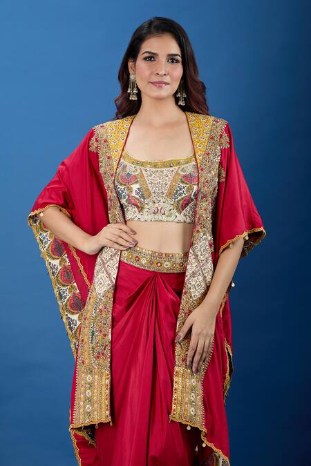 Debyani + CO_Red Embroidery, Zari, Sequins Open , Square Jacket Skirt Set _at_Aza_Fashions