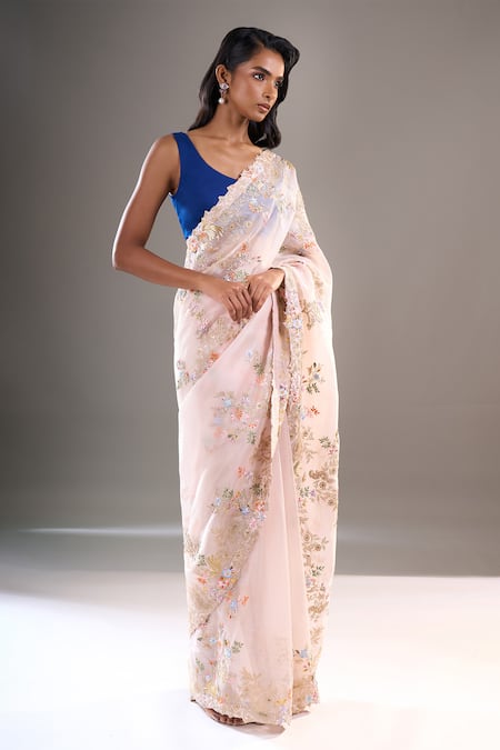 Shop_Anamika Khanna_Pink Embroidery, Metallic Thread Floral Saree With Unstitched Blouse Piece _Online_at_Aza_Fashions