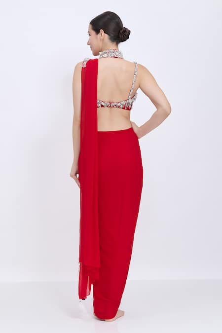 Dilnaz Asymmetric Embroidered Blouse With Pre-Draped Saree 