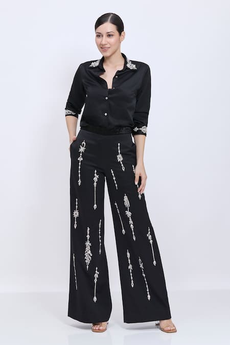 Dilnaz Black Satin, Velvet, Polyester Embroidery, Metallic Thread Shirt And Trouser Set