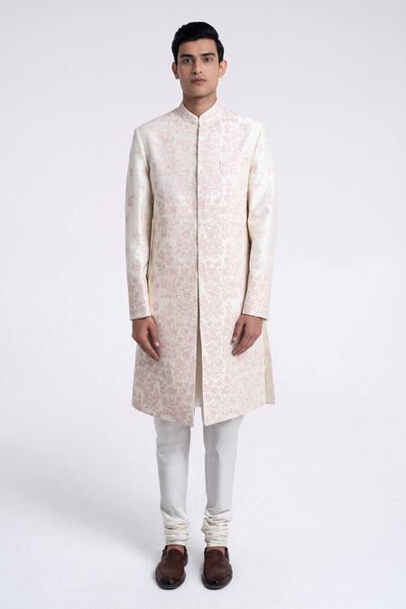 Shop_Dhruv Vaish_Cream Silk Embroidery Sherwani Set _Online_at_Aza_Fashions