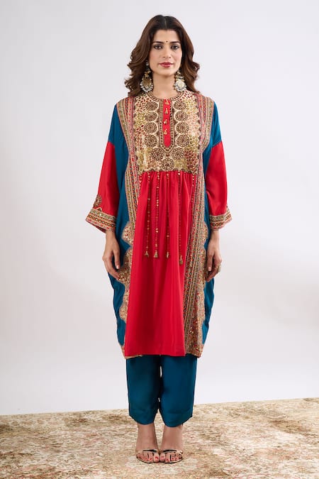 Shop_Debyani + CO_Red Embroidery, Sequins, Tassels Round Neck Stripe Pattern Kaftan And Pant Set _Online_at_Aza_Fashions