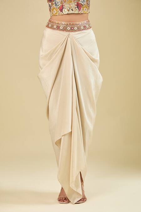 Buy_Debyani + CO_Ivory Silk Embroidery, Zari Open , Square Hand Cape Skirt Set _Online_at_Aza_Fashions