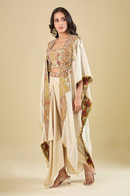 Debyani + CO_Ivory Silk Embroidery, Zari Open , Square Hand Cape Skirt Set _at_Aza_Fashions