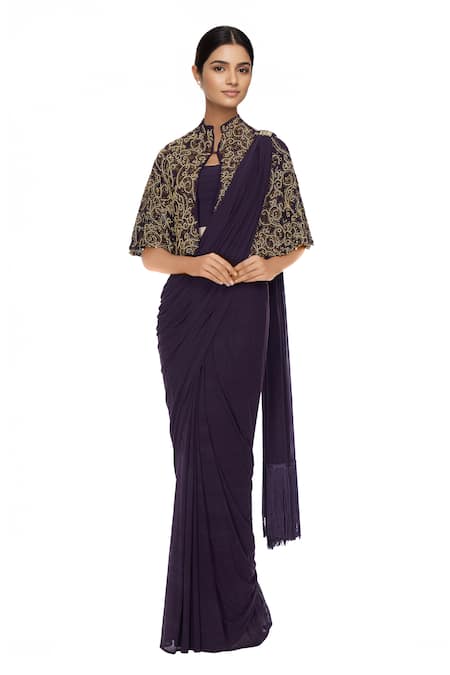Pooja Rajpal Jaggi Purple concept saree with attached drape & blouse with cape 