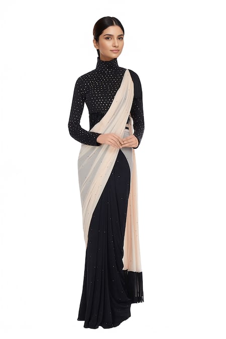 Pooja Rajpal Jaggi Black & cream embellished concept saree with high neck blouse 