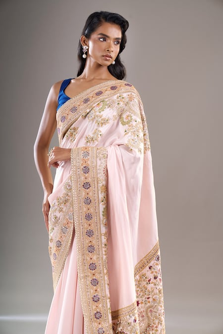 Anamika Khanna_Pink Embroidery, Zari Hand Saree With Unstitched Blouse Piece _at_Aza_Fashions