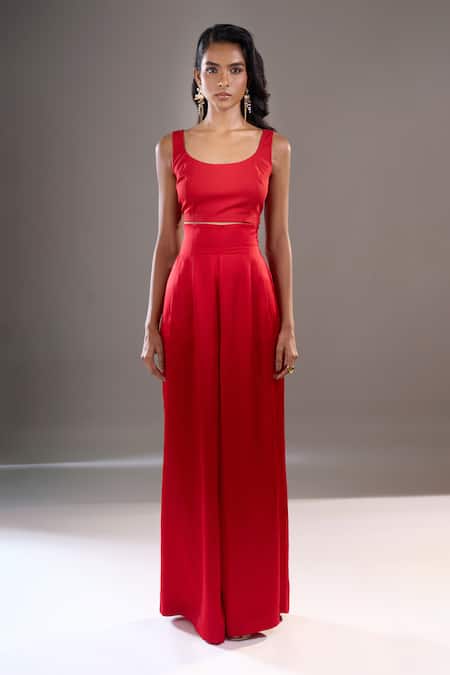 Anamika Khanna_Red High , Collared, Bandeau Draped Cape And Palazzo Set _Online_at_Aza_Fashions
