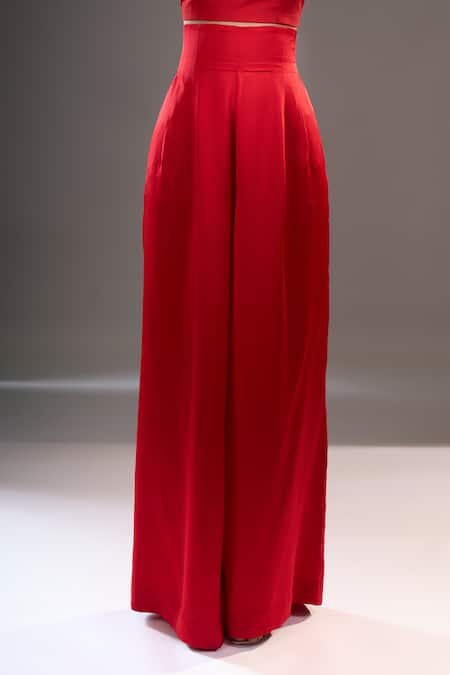Buy_Anamika Khanna_Red High , Collared, Bandeau Draped Cape And Palazzo Set _Online_at_Aza_Fashions