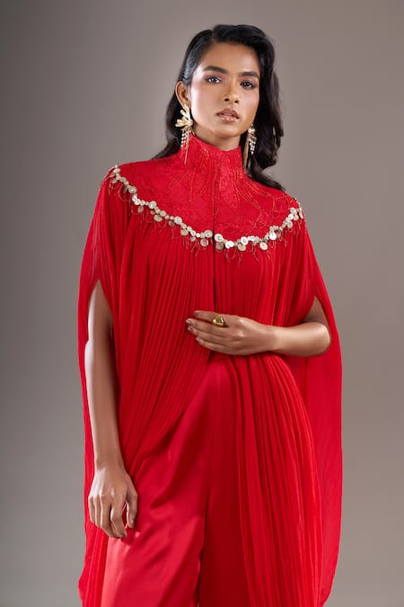 Anamika Khanna_Red High , Collared, Bandeau Draped Cape And Palazzo Set _at_Aza_Fashions
