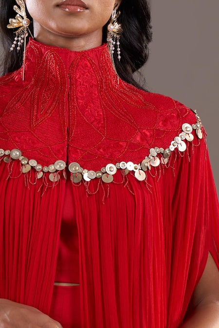 Buy_Anamika Khanna_Red High , Collared, Bandeau Draped Cape And Palazzo Set 