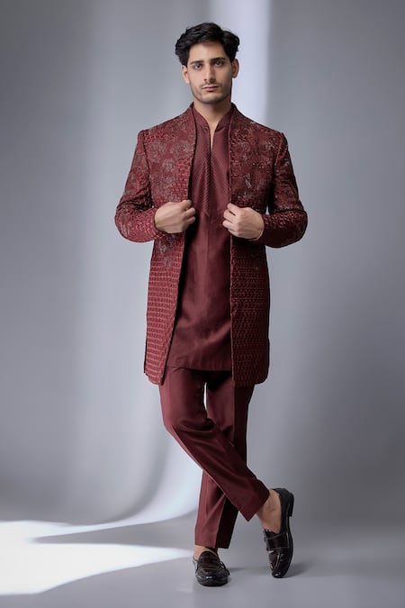 SALIL BHATIA Wine Dola Silk Embroidered Jacket & Kurta Set 