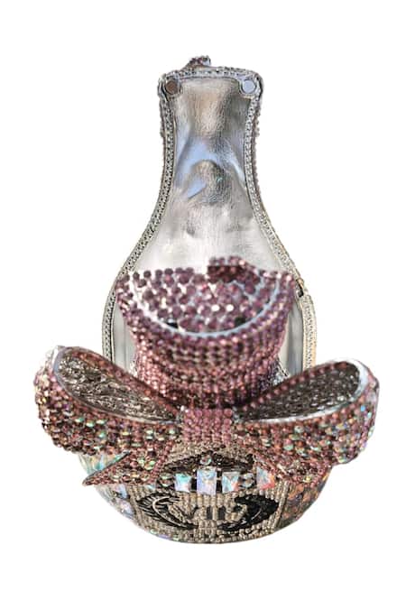 Buy_A Clutch Story_Pink Crystals, Rhinestones, Bows, Faux Party Champagne Embellished Clutch _Online_at_Aza_Fashions
