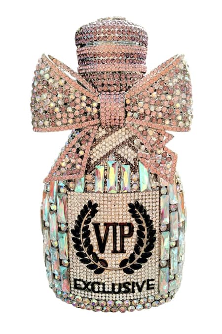 A Clutch Story_Pink Crystals, Rhinestones, Bows, Faux Party Champagne Embellished Clutch _at_Aza_Fashions