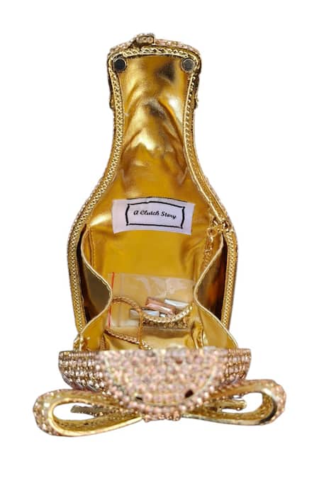 A Clutch Story_Rose Gold Crystals, Rhinestones, Bows, Faux Champagne Embellished Clutch _Online_at_Aza_Fashions