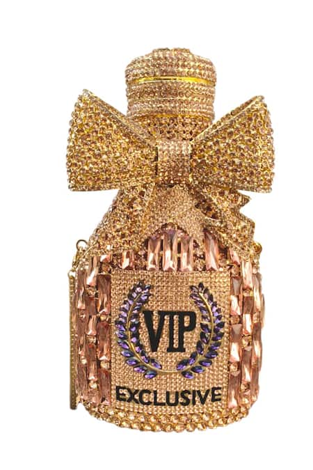 Shop_A Clutch Story_Rose Gold Crystals, Rhinestones, Bows, Faux Champagne Embellished Clutch _Online_at_Aza_Fashions