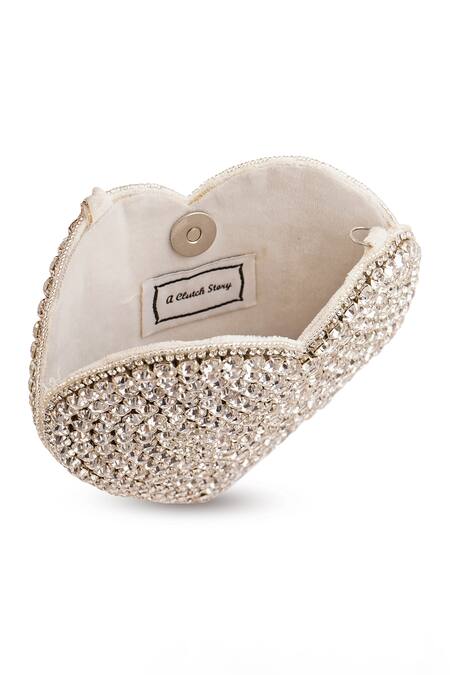 Buy_A Clutch Story_Silver Rhinestones, Diamonds Queen Of Heart Embellished Clutch _Online_at_Aza_Fashions