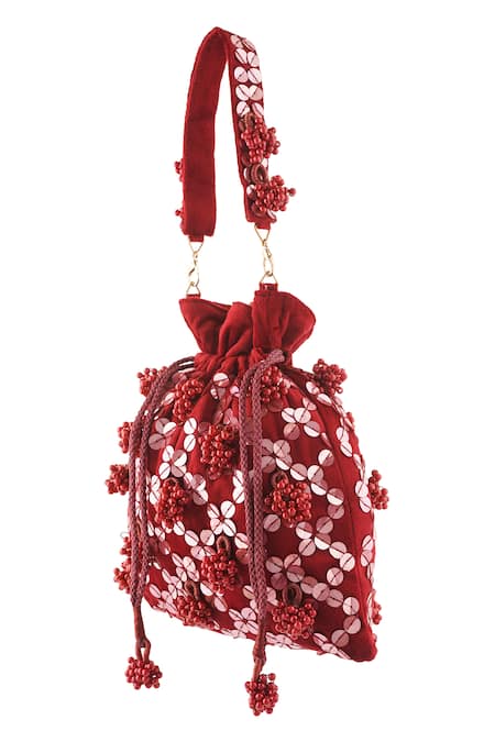 A Clutch Story_Maroon Beads, Sequins, Embroidery, Tassels Gulab Embellished Potli _Online_at_Aza_Fashions