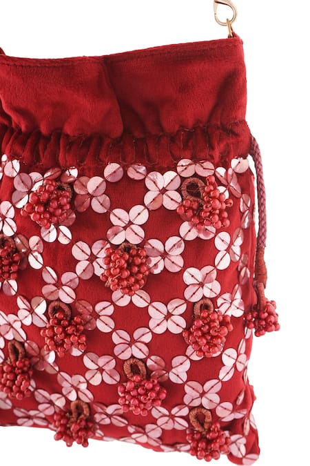 Shop_A Clutch Story_Maroon Beads, Sequins, Embroidery, Tassels Gulab Embellished Potli _Online_at_Aza_Fashions