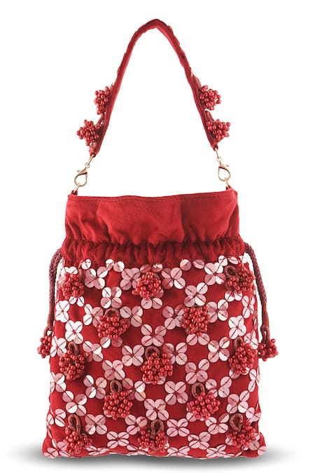 A Clutch Story_Maroon Beads, Sequins, Embroidery, Tassels Gulab Embellished Potli _at_Aza_Fashions