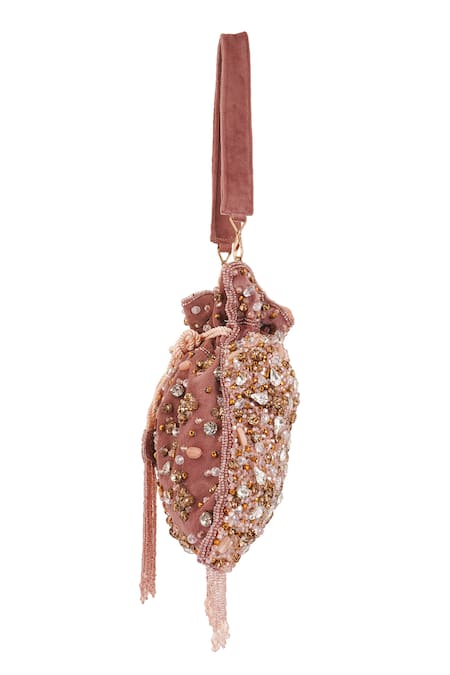 A Clutch Story_Pink Beads, Embroidery, Rhinestones, Fringe Phoolrani Embellished Potli _Online_at_Aza_Fashions