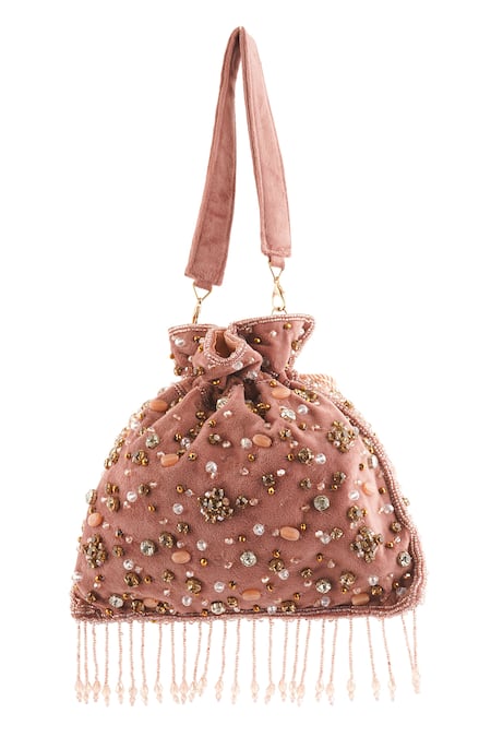 Shop_A Clutch Story_Pink Beads, Embroidery, Rhinestones, Fringe Phoolrani Embellished Potli _Online_at_Aza_Fashions