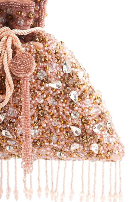 A Clutch Story_Pink Beads, Embroidery, Rhinestones, Fringe Phoolrani Embellished Potli _at_Aza_Fashions