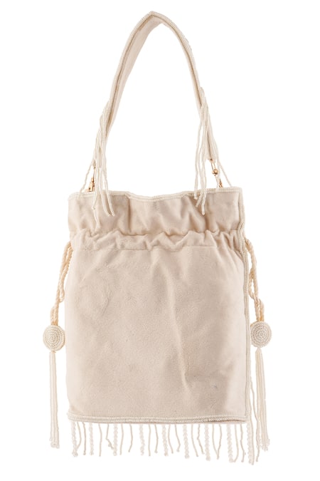 A Clutch Story_Ivory Beads, Fringe, Tassels Chandrika Embellished Potli _Online_at_Aza_Fashions